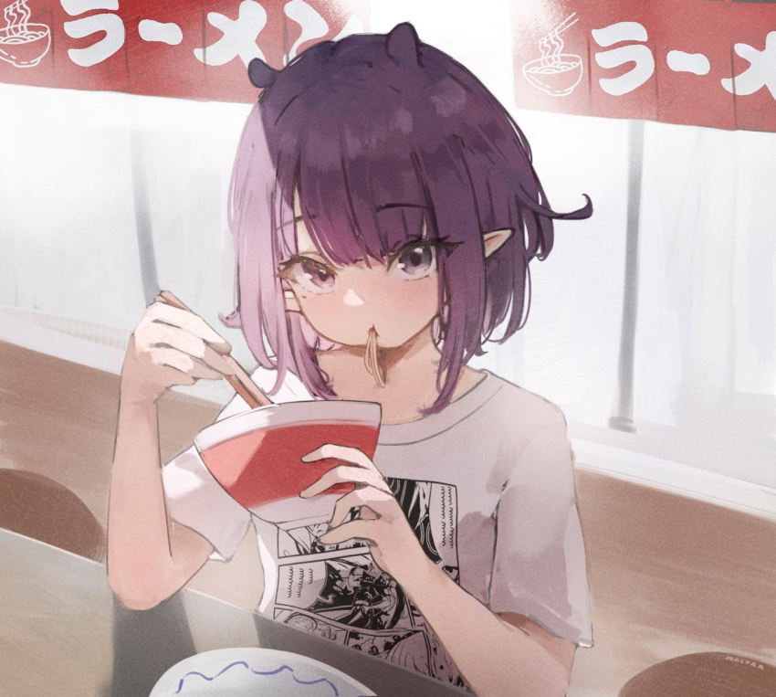 1girl, blunt_bangs, bowl, chopsticks, eating, food, food_in_mouth, highres
