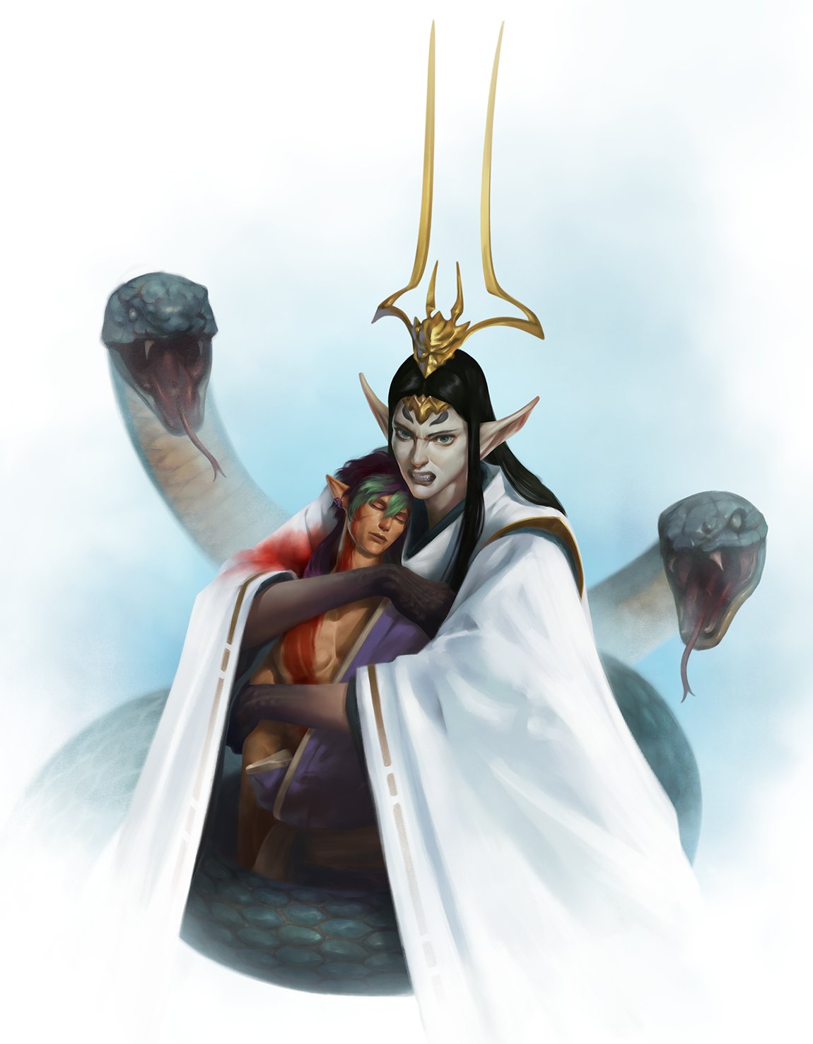 2boys, animal, black_hair, black_hands, blood, clenched_teeth, colored_extremities, crown