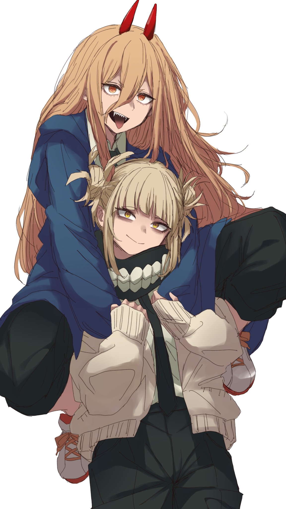 2girls, :>, :d, bags_under_eyes, black_pants, blonde_hair, blue_jacket, blunt_bangs