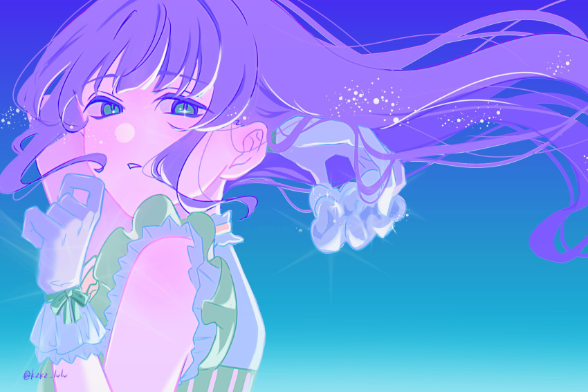 1girl, alternate_hairstyle, birthday, blue_background, commentary, gradient_background, green_eyes, hair_down
