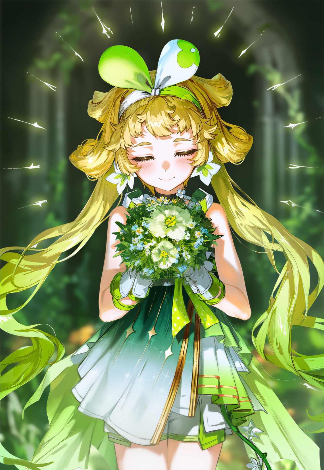 1girl, blush, closed_eyes, closed_mouth, flower, gloves, glowing, green_hair, green_skirt, hairband, highres, loli, long_hair, mikogomen, ponytail, short_shorts, shorts, simple_background, skirt, smile, verina_(wuthering_waves), wuthering_waves