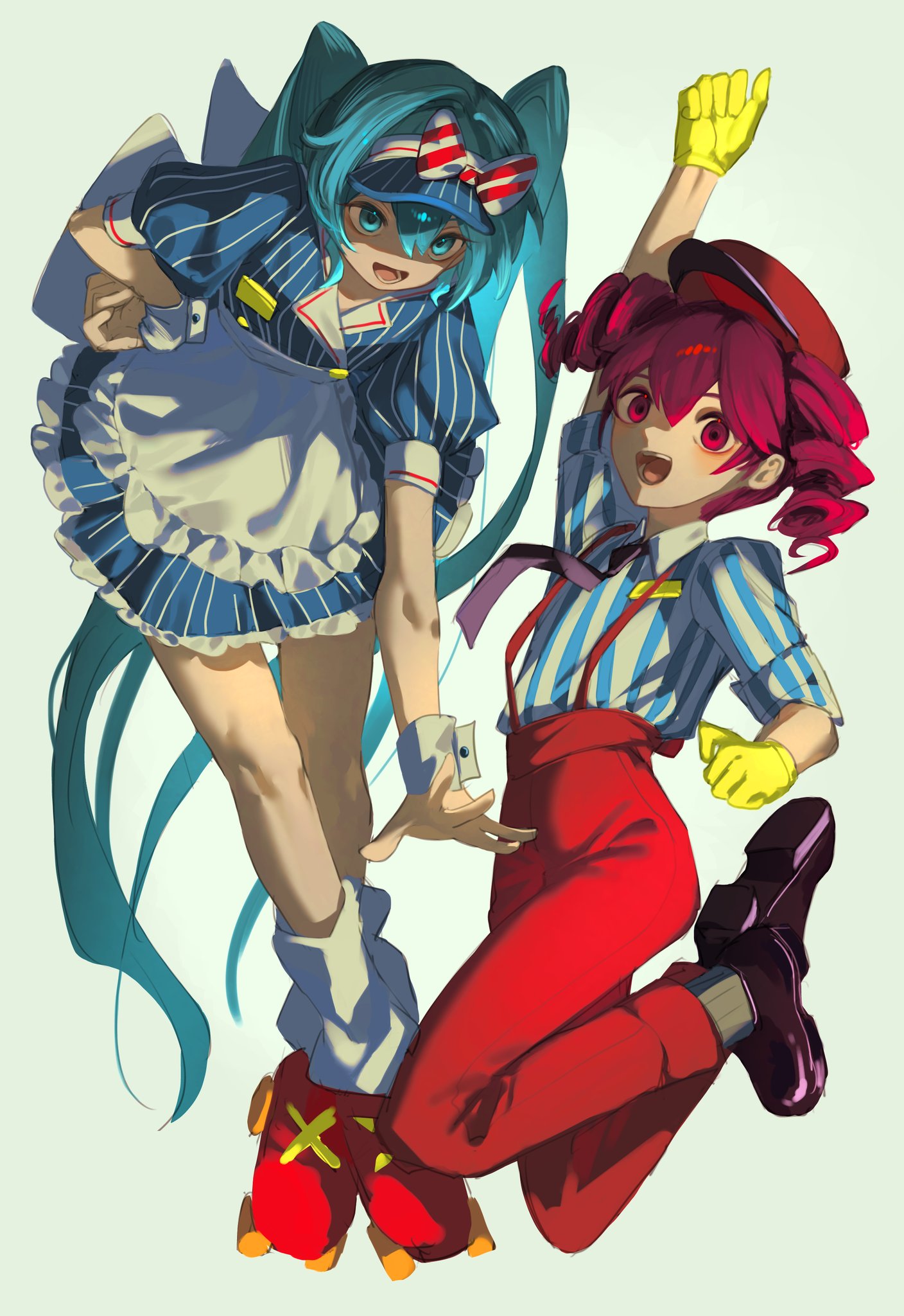 2girls, alternate_costume, ankle_socks, apron, arm_up, black_necktie, black_shoes, blue_dress
