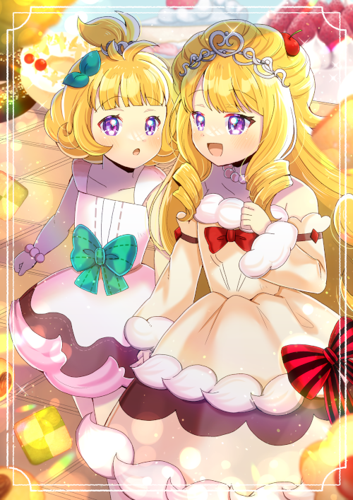2girls, :d, :o, bare_shoulders, blonde_hair, brown_dress, brown_sleeves, cake
