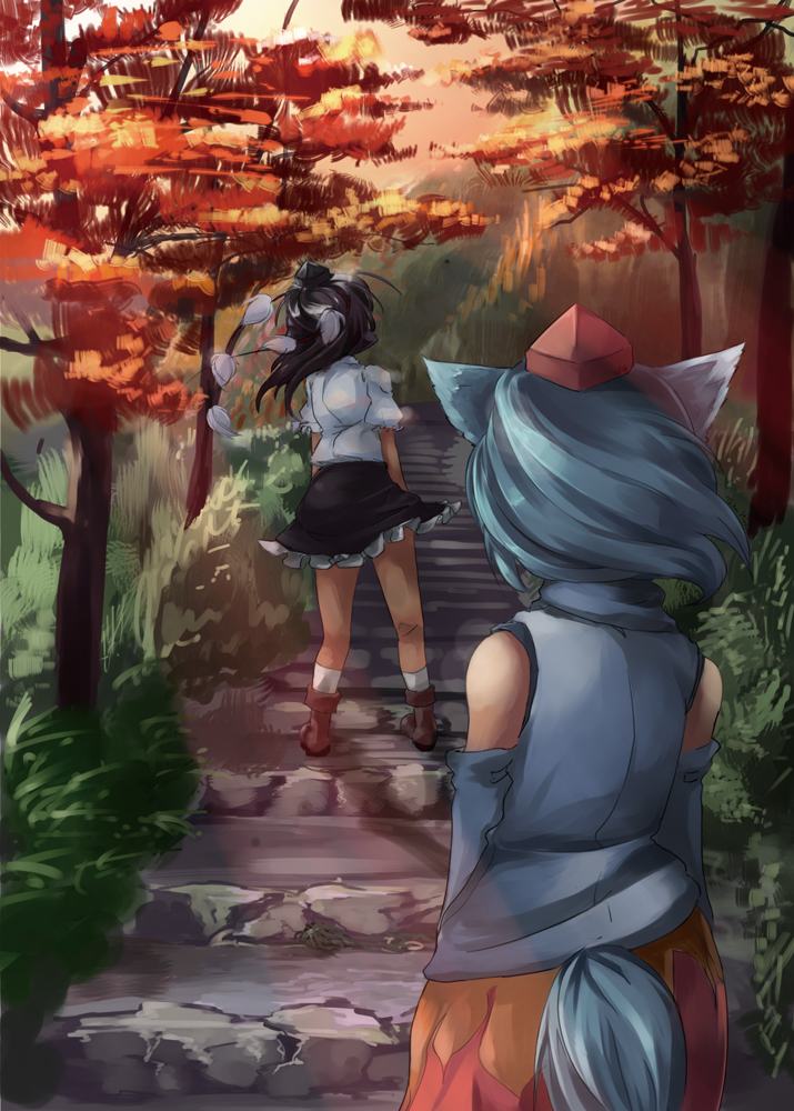 animal_ears, autumn, bad_id, from_behind, hat, hirose_(263hz), inubashiri_momiji, multiple_girls, shameimaru_aya, silver_hair, stairs, tail, tokin_hat, touhou, tree, white_hair, wolf_ears, wolf_tail