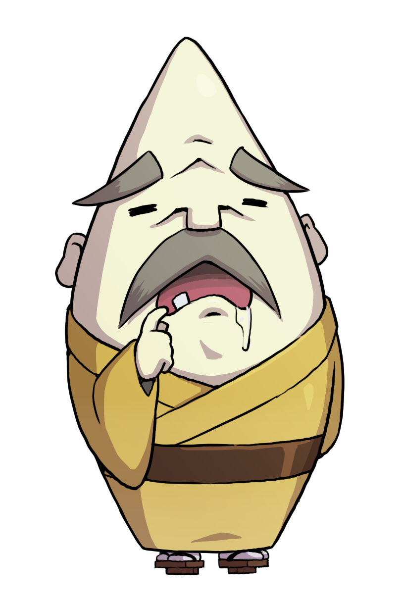1boy, bald, brown_kimono, closed_eyes, drooling, facial_hair, full_body, highres, japanese_clothes, kimono, komejii, mustache, official_art, open_mouth, pale_skin, sandals, simple_background, single_tooth, solo, third-party_source, white_background, youkai_(youkai_watch), youkai_watch