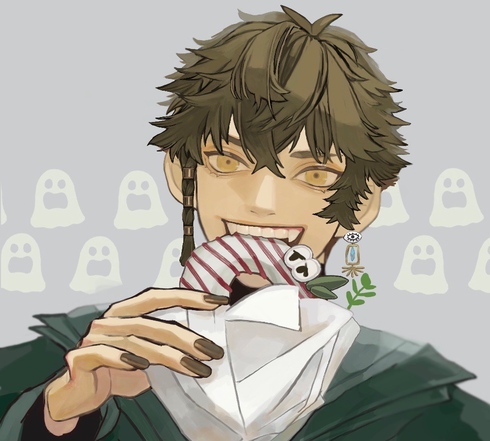 ambiguous_gender, androgynous, brown_hair, dessert, doughnut, earrings, eye_symbol, eyelashes