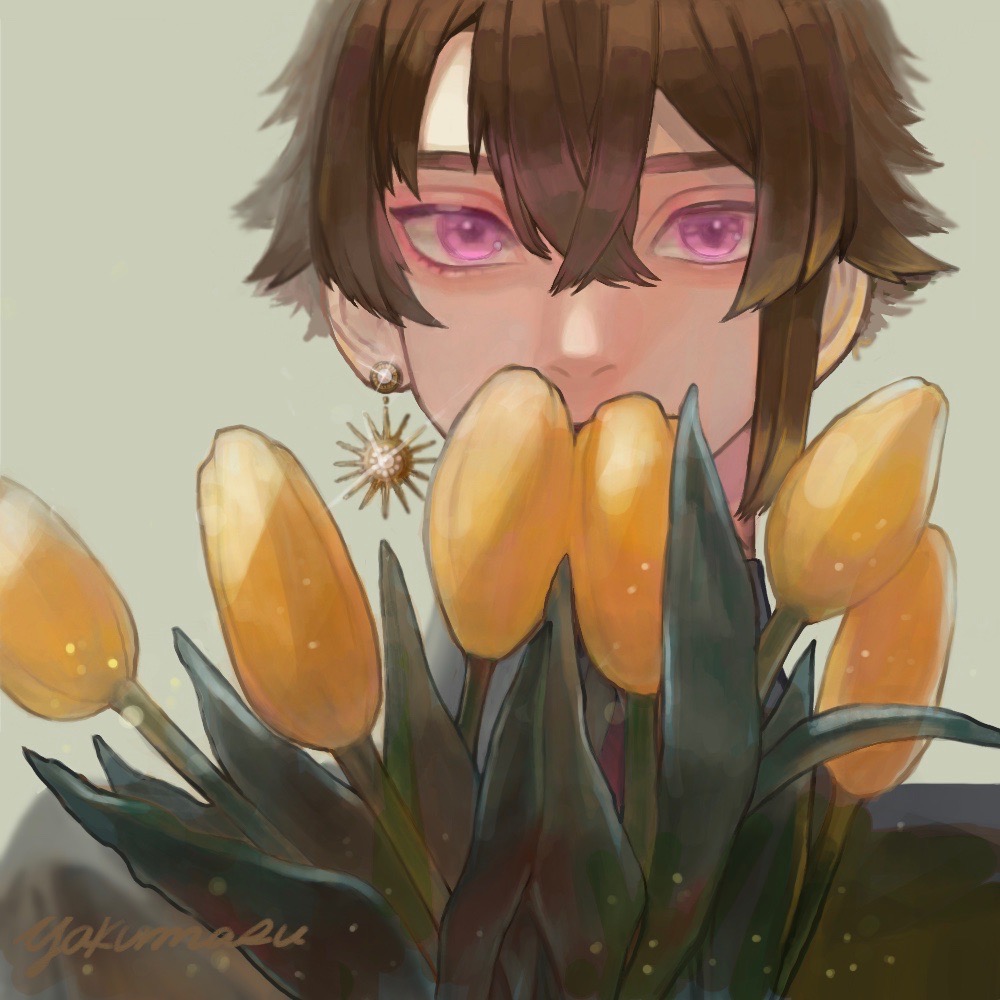 ambiguous_gender, androgynous, astrology, bouquet, brown_hair, covered_mouth, earrings, flower