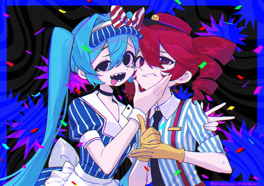 2girls, @_@, alternate_costume, apron, black_background, black_choker, black_necktie, blue_background, blue_border, blue_dress, blue_hair, blue_hat, blue_shirt, border, bow, buttons, choker, clenched_teeth, collared_shirt, confetti, double-breasted, dress, drill_hair, grabbing_another's_face, hair_between_eyes, hands_on_another's_cheeks, hands_on_another's_face, hat, hat_bow, hatsune_miku, head_grab, help_(american_sign_language), highres, kasane_teto, kepi, leaning_to_the_side, looking_at_viewer, mesmerizer_(vocaloid), military_hat, morse_code_commentary, multiple_girls, necktie, pinstripe_dress, pinstripe_hat, pinstripe_pattern, puffy_short_sleeves, puffy_sleeves, red_bow, red_hat, ribbon, sailor_collar, sharp_teeth, shirt, short_sleeves, side_drill, sleeves_rolled_up, solid_circle_eyes, striped_clothes, striped_shirt, sweat, teeth, thumbs_up, tongue, tongue_out, twin_drills, two-tone_bow, two-tone_shirt, utau, v, visor_cap, vocaloid, waist_apron, white_bow, white_ribbon, white_sailor_collar, white_shirt, wing_collar, zzhenpotatochips