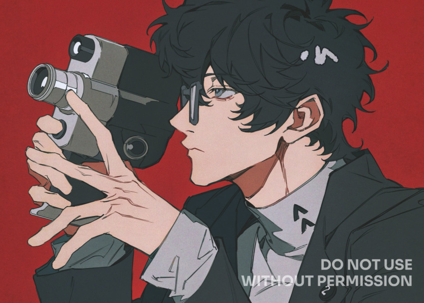 1boy, amamiya_ren, black_jacket, camera, english_text, glasses, grey_eyes, highres