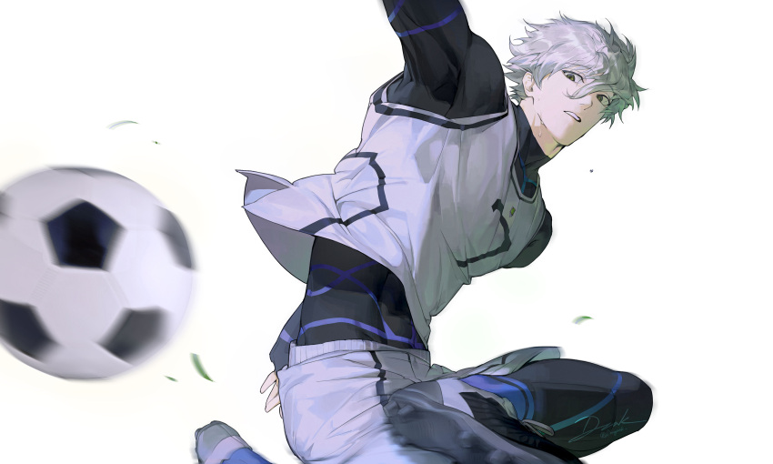 1boy, absurdres, ball, black_eyes, blue_lock, blue_lock_bodysuit, cleats, dongzak_o0