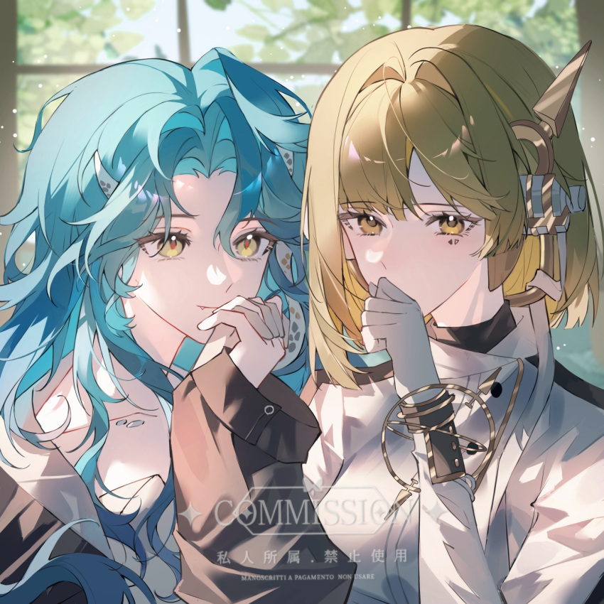 2girls, artist_request, black_coat, blonde_hair, blue_hair, blurry, blurry_background, coat