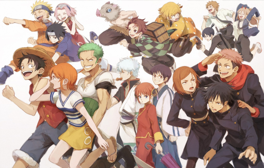 5girls, 6+boys, agatsuma_zenitsu, bandana, bandana_around_arm, bare_shoulders, black_bandana, black_hair