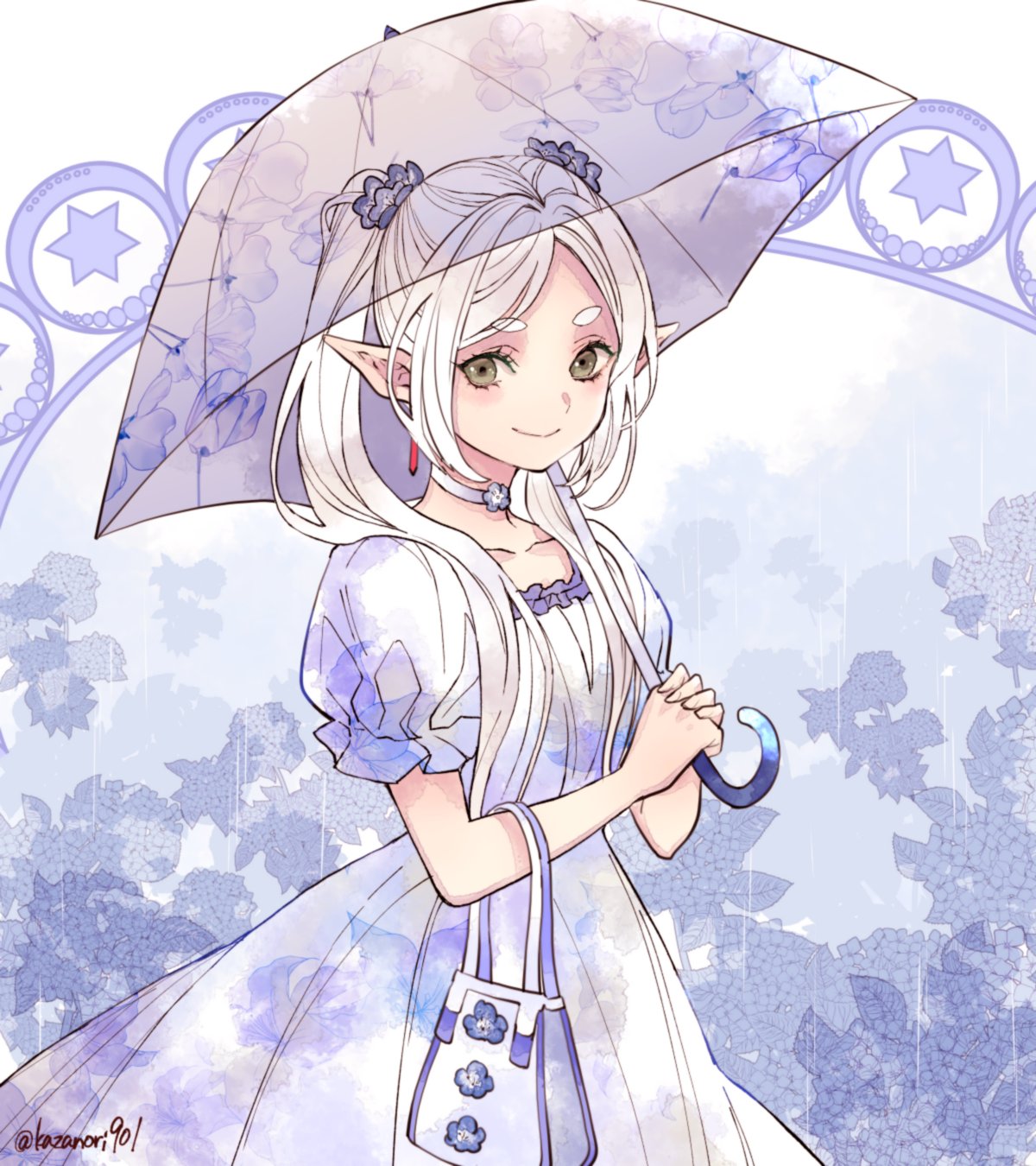 1girl, closed_mouth, dress, frieren, green_eyes, highres, holding, holding_umbrella