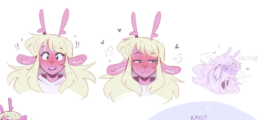 !, !!, >_<, 1girl, animal_ears, antlers, averting_eyes, black_eyes