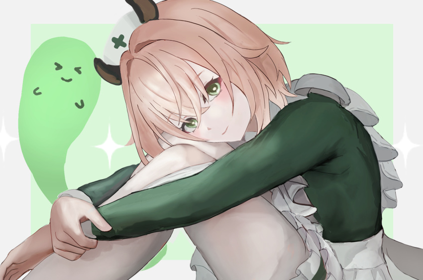 1girl, animal_ears, apron, brown_hair, green_eyes, hat, head_rest, highres