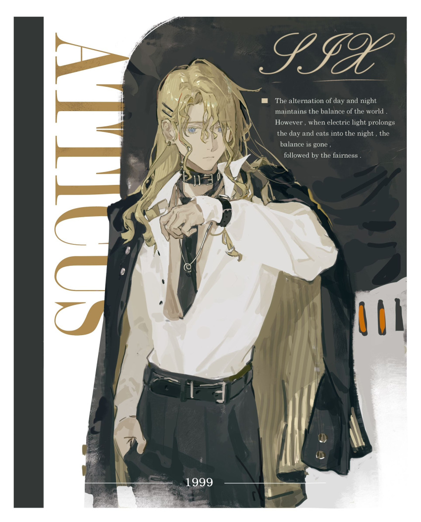 1boy, 6_(reverse:1999), alternate_costume, black_choker, black_jacket, black_necktie, black_pants, blonde_hair