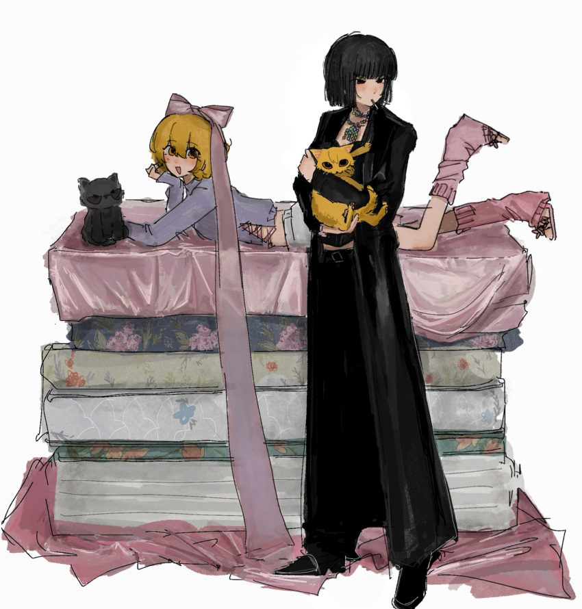 2girls, alternate_costume, animal, black_coat, black_hair, black_pants, black_shirt, black_shoes