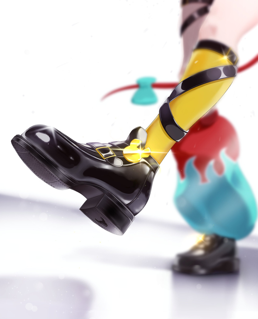 1girl, absurdres, black_shoes, blue_leg_warmers, bow, flame_print, footwear_focus, hakos_baelz