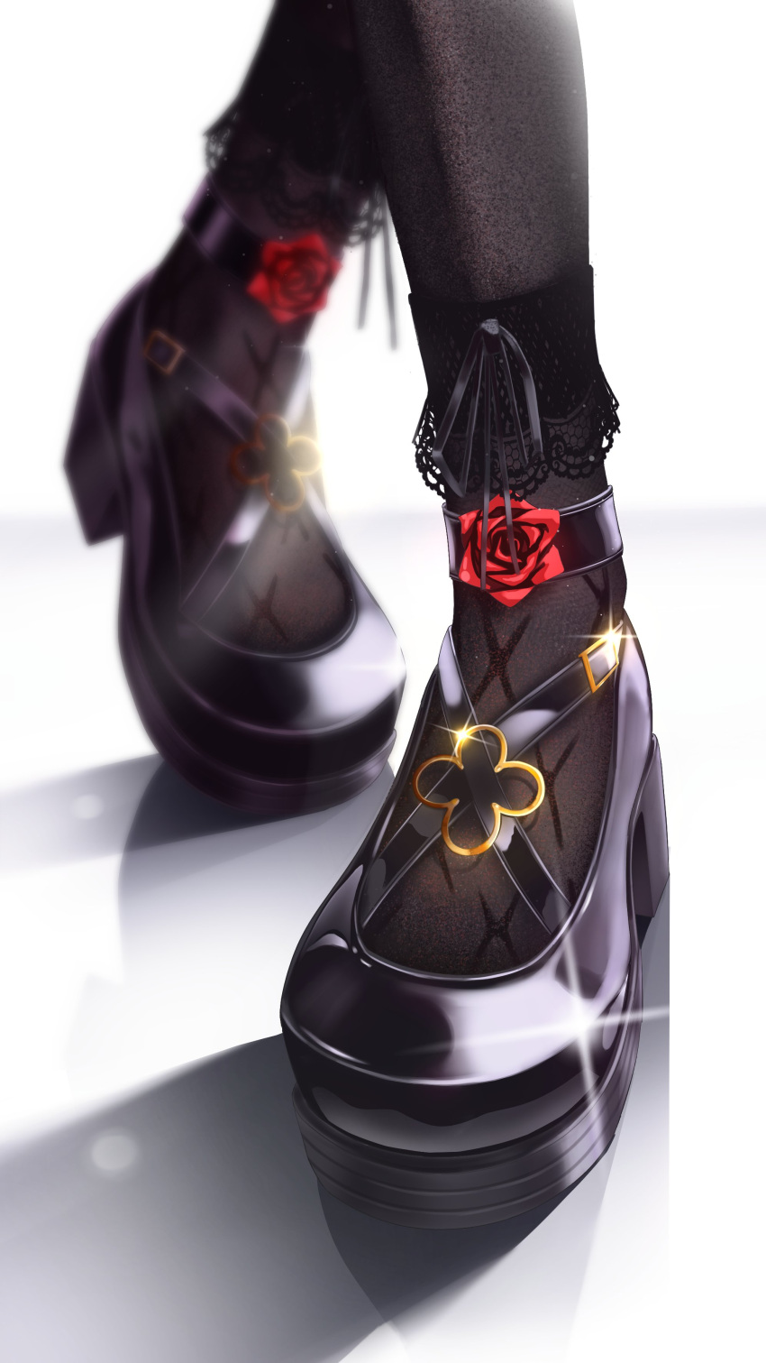 1girl, absurdres, black_pantyhose, black_ribbon, black_shoes, flower, footwear_flower, footwear_focus