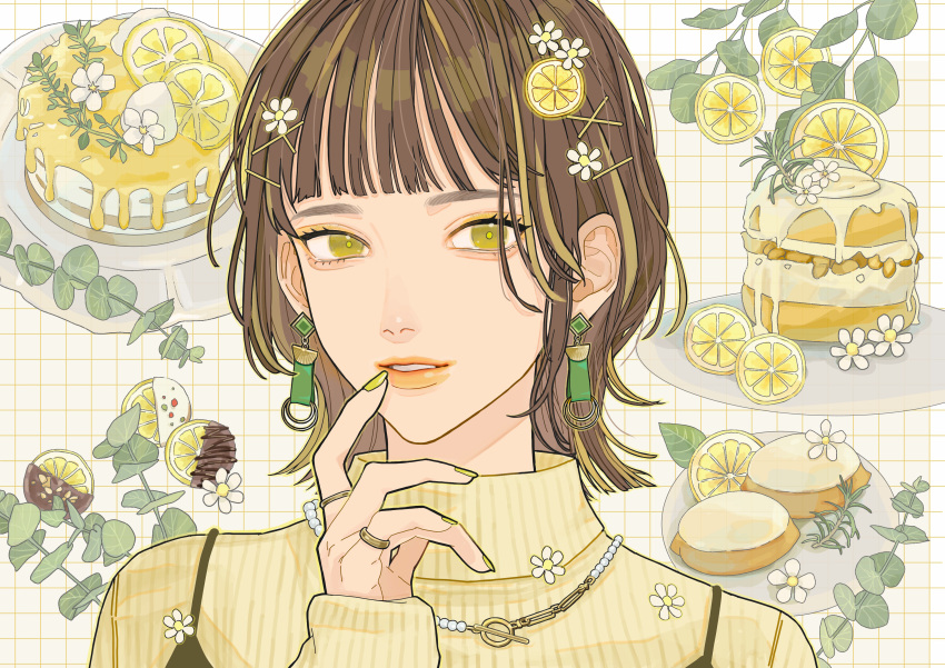 1girl, absurdres, brown_hair, cake, cookie, daisy_(flower), earrings, eucalyptus_leaves