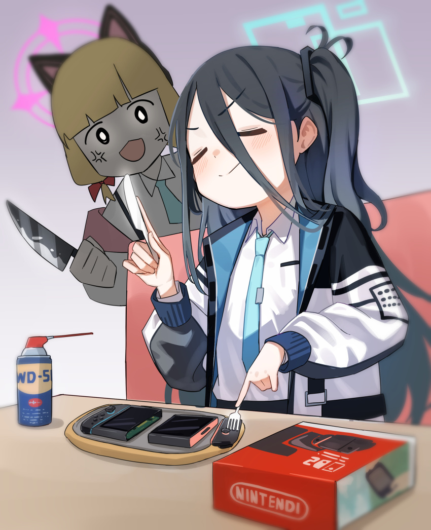 2girls, absurdres, anger_vein, animal_ear_headphones, animal_ears, aris_(blue_archive), black_hair, blonde_hair