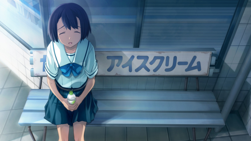 1girl, bench, black_hair, blue_bow, blue_skirt, blue_stripes, bob_cut, bottle