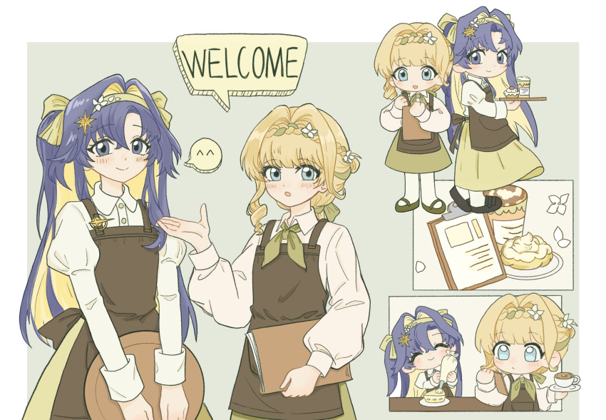 2girls, :o, ^_^, alternate_costume, apron, asymmetrical_bangs, black_shoes, blonde_hair