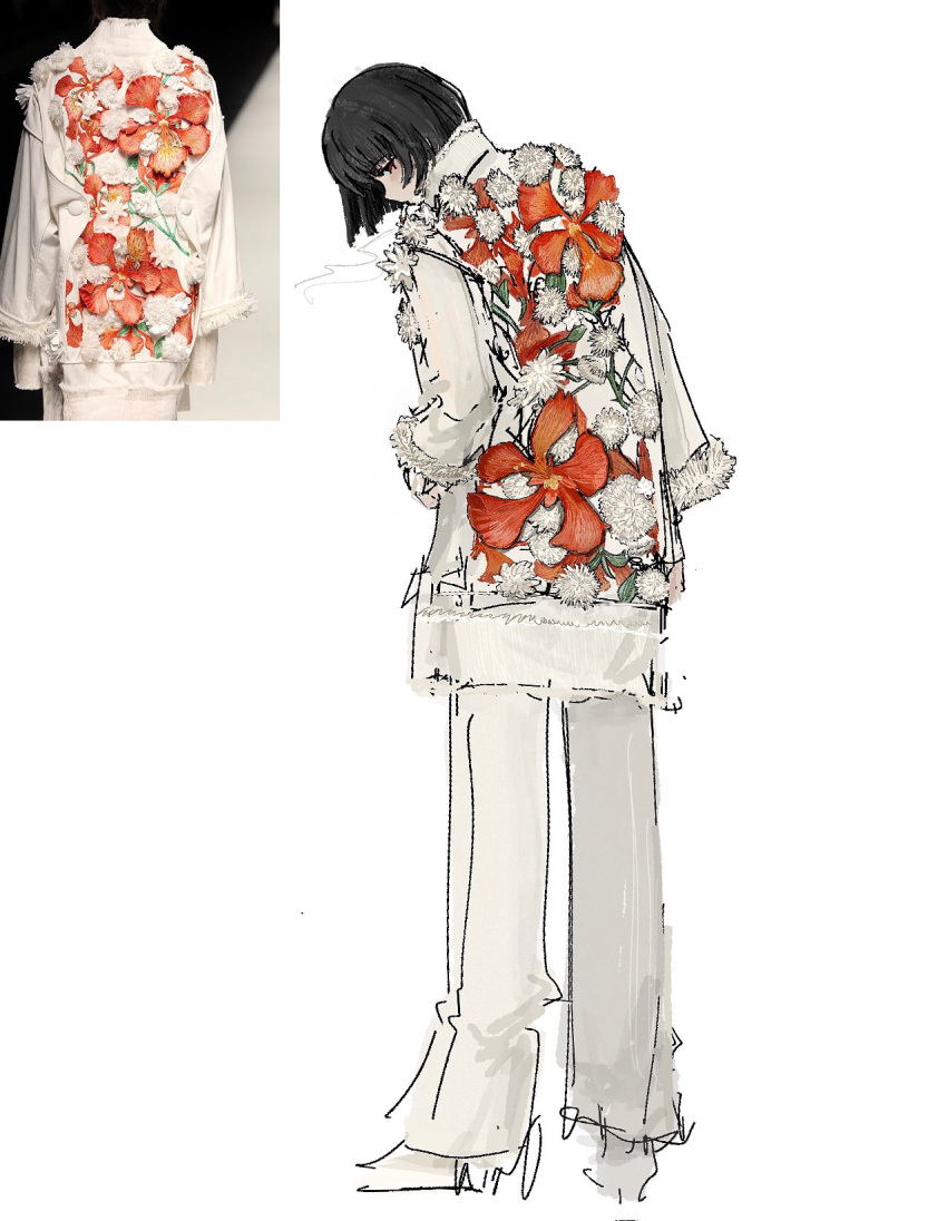 1girl, alternate_costume, black_hair, bob_cut, cigarette, flower, full_body, herbbbbby