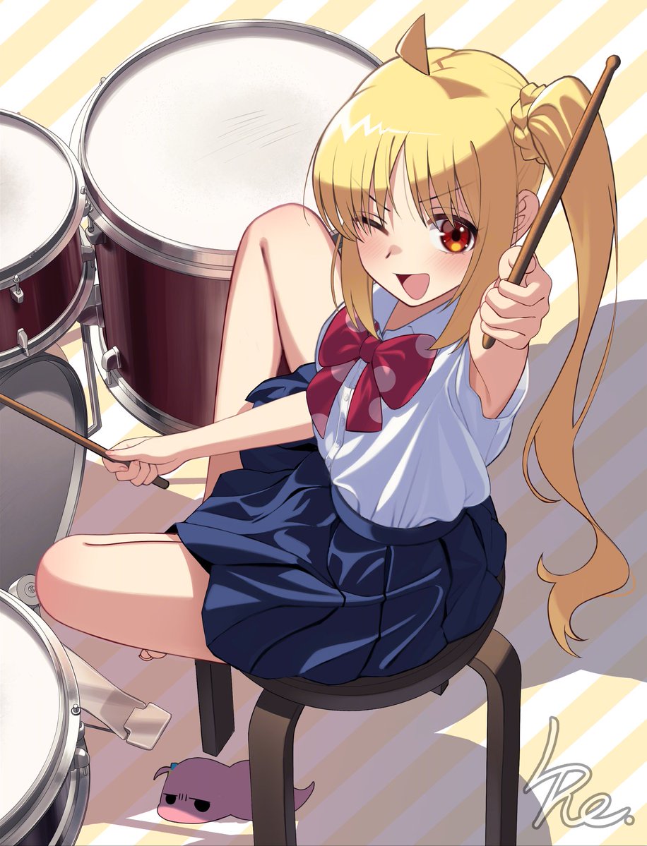 1girl, ahoge, barefoot, blue_skirt, bocchi_the_rock!, drum, drum_set, drumsticks