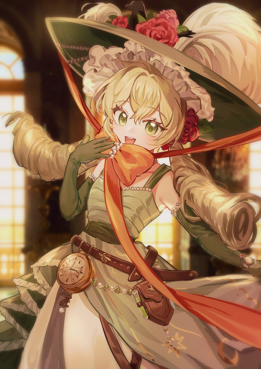 1girl, :d, absurdres, arched_window, bare_shoulders, belt, belt_pouch, blonde_hair