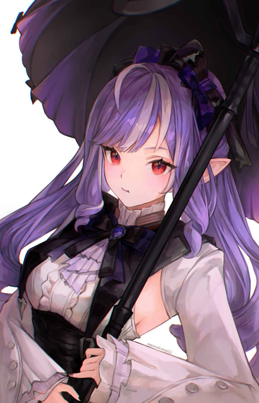 1girl, :t, ahoge, artist_name, ascot, black_nails, bow, bowtie, breasts, center_frills, coconutcatcat, frills, highres, holding, holding_umbrella, long_hair, looking_at_viewer, multicolored_hair, pointy_ears, purple_ascot, purple_bow, purple_bowtie, purple_hair, purple_umbrella, red_eyes, shrug_(clothing), solo, streaked_hair, umbrella, vivian_banshee, white_shrug, zenless_zone_zero