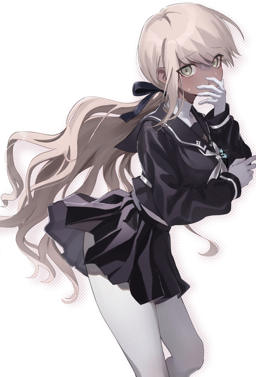 1girl, :t, black_ribbon, black_sailor_collar, black_serafuku, black_skirt, blonde_hair, closed_mouth