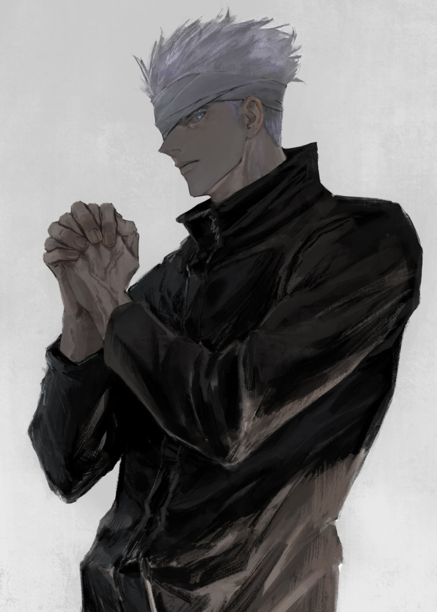 1boy, arms_up, black_jacket, blue_eyes, closed_mouth, collared_jacket, colored_eyelashes, cowboy_shot