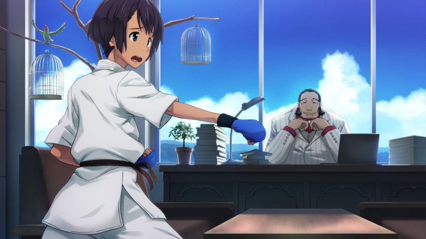 1boy, 1girl, armchair, bird, black_hair, blue_gloves, blue_sky, bob_cut