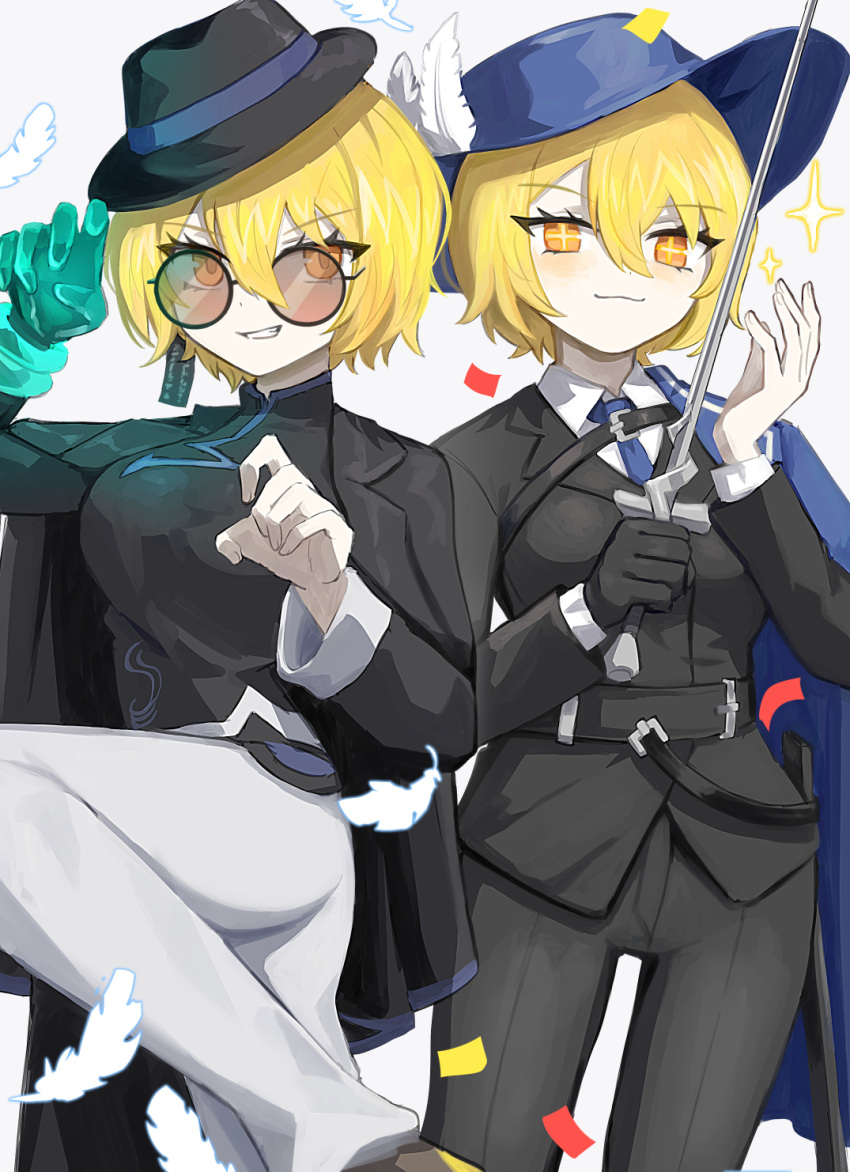 1girl, :3, armlet, belt, black_belt, black_coat, black_gloves, black_hat