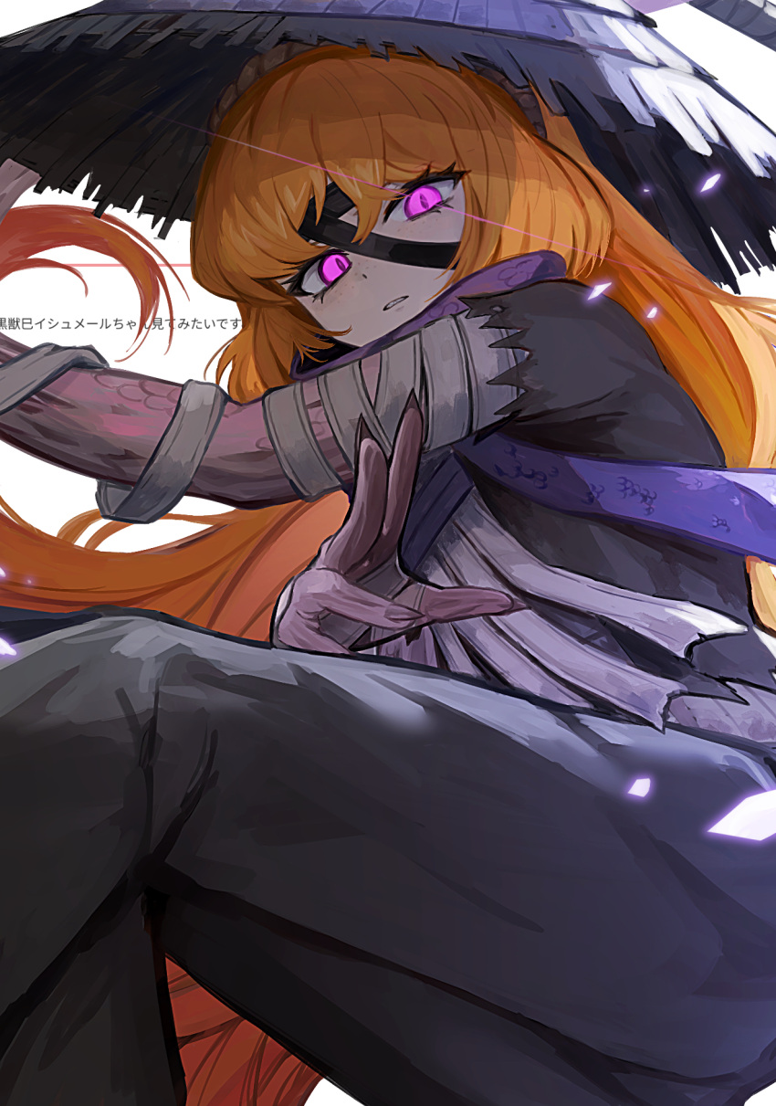 1girl, alternate_costume, bandaged_arm, bandages, black_pants, conical_hat, freckles, from_below