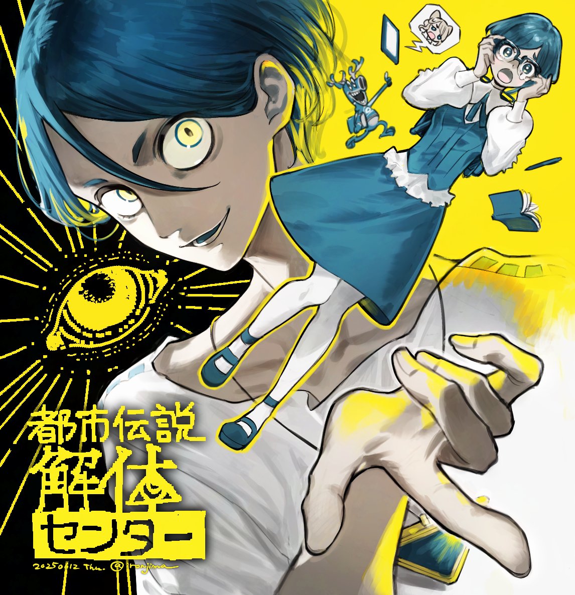 1boy, 2girls, blonde_hair, blue_hair, blue_skirt, blue_tongue, blue_vest, chibi