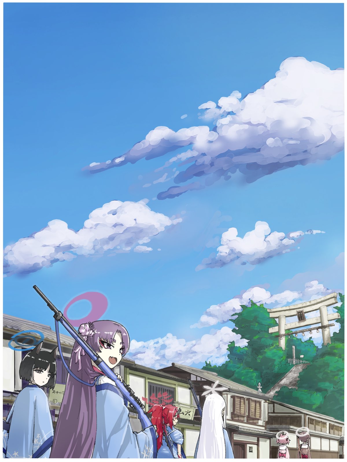 6+girls, animal_ears, arisaka, black_hair, blue_archive, blue_sky, bolt_action, building, cat_ears, cat_girl, clouds, commentary_request, desuyone0502, flower, gun, hair_flower, hair_ornament, halo, haori, highres, horns, hyakkaryouran_(blue_archive), hyakkiyako_alliance_academy_student_(blue_archive), japanese_clothes, kikyou_(blue_archive), long_hair, looking_to_the_side, multiple_girls, nagusa_(blue_archive), open_mouth, outdoors, ponytail, purple_hair, red_hair, renge_(blue_archive), rifle, scenery, short_hair, single_horn, sky, torii, tree, weapon, white_hair, yukari_(blue_archive)
