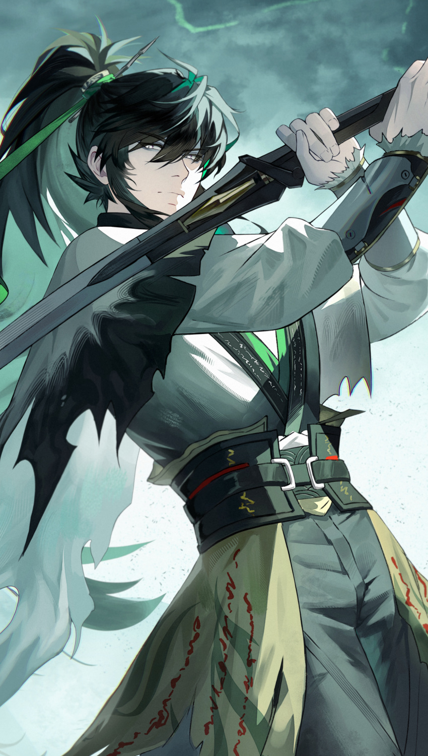 1boy, black_hair, black_pants, chinese_clothes, closed_mouth, commentary, cowboy_shot, green_ribbon