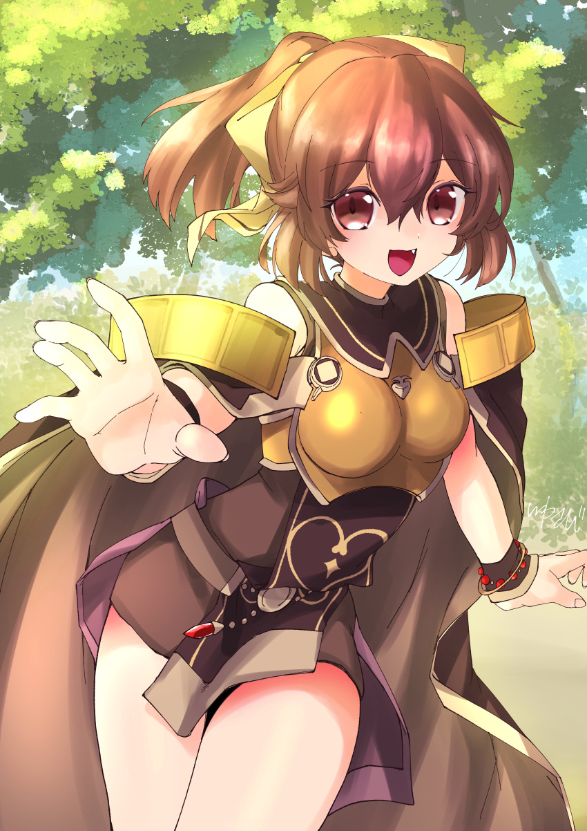 1girl, :d, absurdres, armor, bare_shoulders, bow, breastplate, brown_cape, brown_eyes, brown_hair, cape, cowboy_shot, delthea_(fire_emblem), dress, fang, fire_emblem, fire_emblem_echoes:_shadows_of_valentia, forest, hair_between_eyes, hair_bow, highres, looking_at_viewer, nature, open_mouth, outdoors, ponytail, sleeveless, sleeveless_dress, smile, solo, studio_sugimoto, yellow_bow