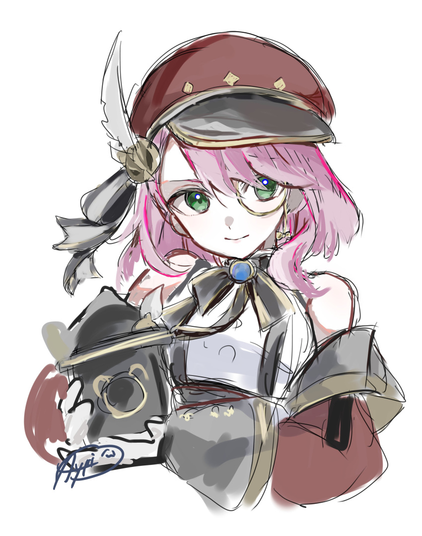 1girl, absurdres, ayateru_(ayaki_geme), beret, breasts, camera, charlotte_(genshin_impact), closed_mouth