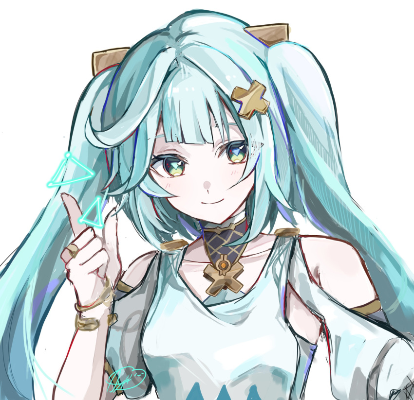1girl, absurdres, aqua_eyes, aqua_hair, ayateru_(ayaki_geme), breasts, closed_mouth, collarbone, commentary_request, faruzan_(genshin_impact), genshin_impact, hand_up, highres, long_hair, portrait, signature, small_breasts, smile, solo, twintails
