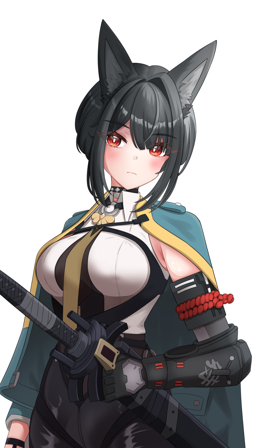 1girl, absurdres, animal_ear_fluff, animal_ears, aqua_jacket, black_choker, blunt_bangs, blush, chest_harness, choker, collared_shirt, cosplay, cowboy_shot, evelyn_chevalier, evelyn_chevalier_(cosplay), fox_ears, fox_girl, gauntlets, hair_intakes, hair_up, harness, high-waist_pants, highres, holding, holding_sword, holding_weapon, hoshimi_miyabi, jacket, jacket_on_shoulders, katana, leotiga, necktie, pants, red_eyes, shirt, single_gauntlet, sword, upper_body, weapon, yellow_necktie, zenless_zone_zero