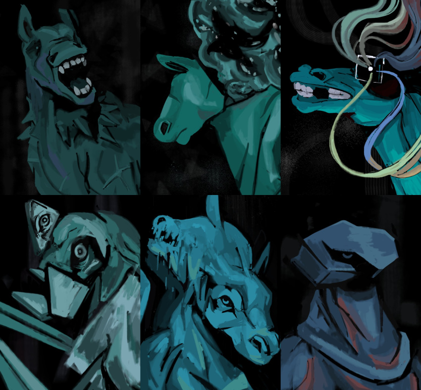 6+others, a_mysterious_figure, abstract, animal_ears, black_background, disco_elysium, garbage_bin_(horse_race_tests), highres, horse, horse_ears, horse_race_tests, looking_at_viewer, multiple_others, no_humans, onesidedreed, portrait, teeth