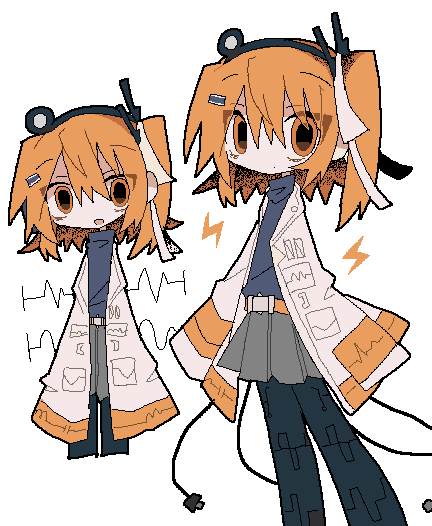 1girl, a.i._voice, adachi_rei, belt, black_leggings, cable, closed_mouth, commentary_request, computer_chip, cropped_legs, deformed, dot_mouth, empty_eyes, grey_shirt, grey_skirt, hair_ribbon, hairband, headlamp, headset, jacket, jaggy_lines, leggings, lightning_bolt_symbol, long_sleeves, looking_at_viewer, multiple_views, one_side_up, open_clothes, open_jacket, open_mouth, orange_belt, orange_eyes, orange_hair, radio_antenna, ribbon, shirt, skirt, sleeves_past_fingers, sleeves_past_wrists, sound_wave, suzua_(sofw0), turtleneck, turtleneck_shirt, utau, white_jacket