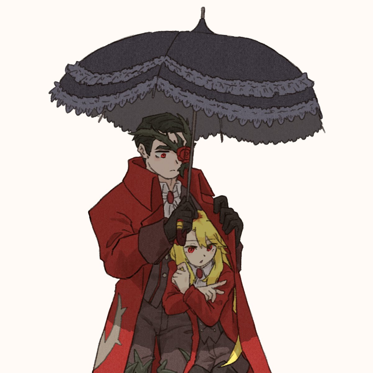 1boy, 1girl, ascot, black_corset, black_hair, black_pants, black_umbrella, black_vest, blonde_hair, coat, collared_shirt, corset, don_quixote_(project_moon), flower, flower_in_eye, gem, highres, holding, holding_umbrella, limbus_company, long_hair, looking_at_another, meursault_(project_moon), pants, project_moon, red_brooch, red_coat, red_eyes, red_flower, red_gemstone, red_rose, rose, shirt, simple_background, standing, symbol_in_eye, teryaa125, thorns, umbrella, vest, white_ascot, white_background, white_shirt, yearning-mircalla_(e.g.o)