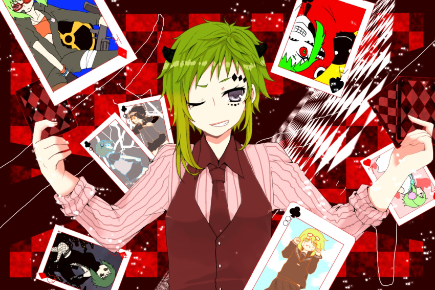 black_eyes, bokura_no_16bit_warz_(vocaloid), bracelet, closed_eyes, clouds, earmuffs, glasses, green_hair