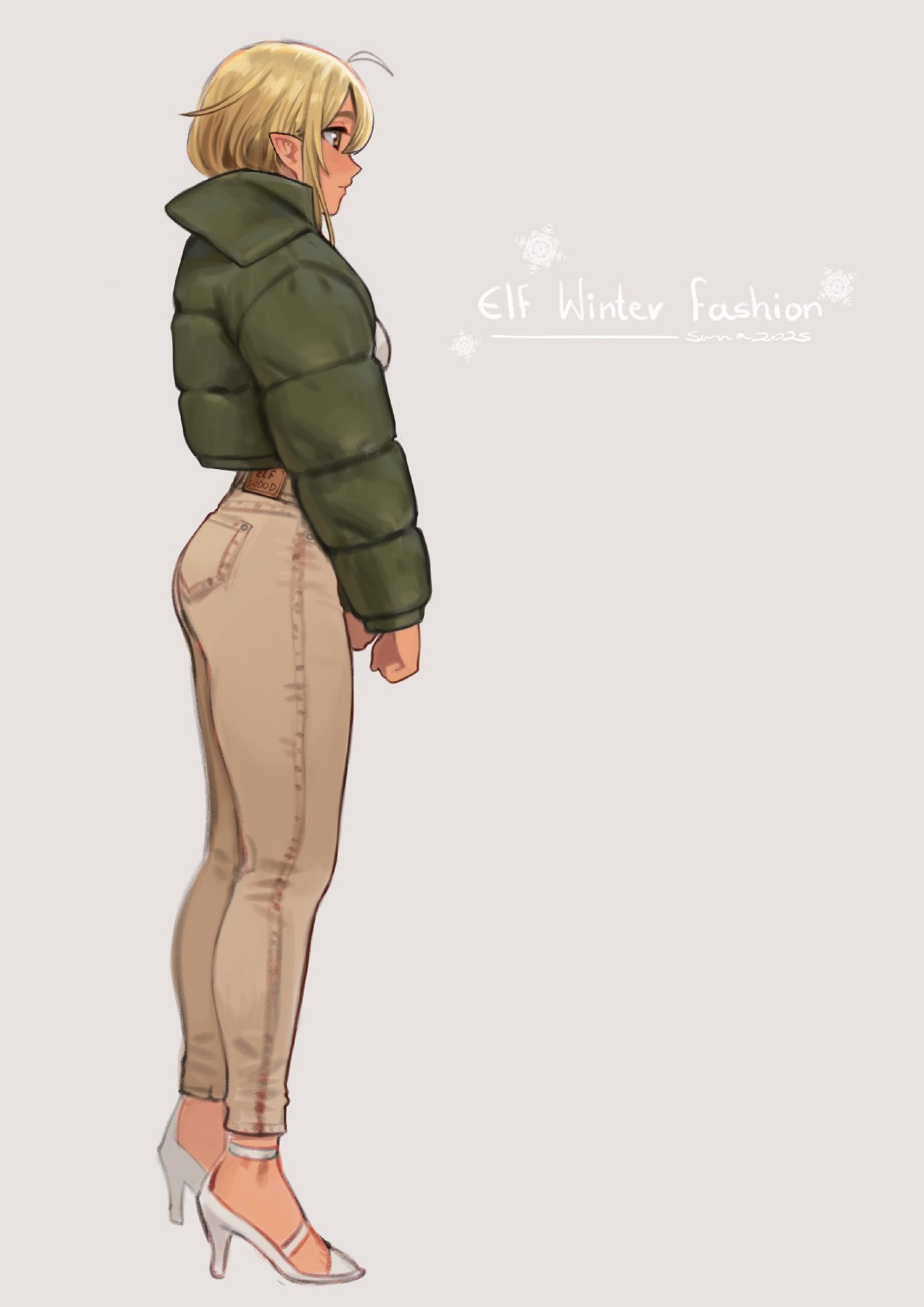 1girl, ahoge, blonde_hair, cropped_jacket, english_text, from_side, full_body, green_jacket