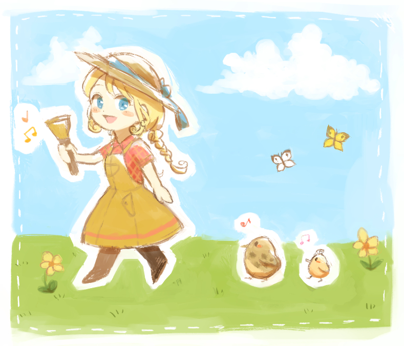 1girl, :d, baby_animal, bell, bird, blonde_hair, blue_bow, blue_eyes
