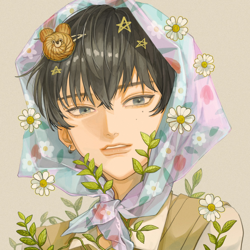 1boy, bear_hair_ornament, black_hair, daisy_(flower), ear_piercing, floral_print, flower, foliage, grey_eyes, hair_between_eyes, hair_ornament, hairclip, headscarf, highres, leaf, looking_to_the_side, mole, mole_under_eye, original, piercing, scarf, simple_background, solo, star_(symbol), stuffed_animal, stuffed_toy, teddy_bear, yksm_ktn